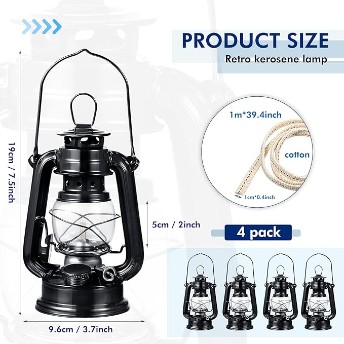 Honoson 4 Pieces Oil Lamp Hurricane Lamp Kerosene Lantern for Indoor Outdoors Decorative Hanging Oil Lantern with Wick for Hiking Emergency Camping Party Decoration(Black,8 Inch)