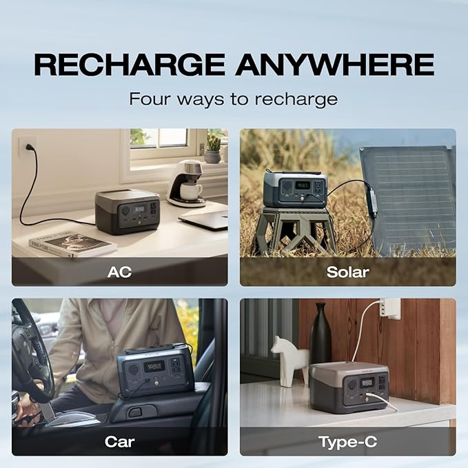 EF ECOFLOW Portable Power Station RIVER 2, 256Wh LiFePO4 Battery/ 1 Hour Fast Charging, 2 Up to 600W AC Outlets, Solar Generator (Solar Panel Optional) for Outdoor Camping/RVs/Home Use