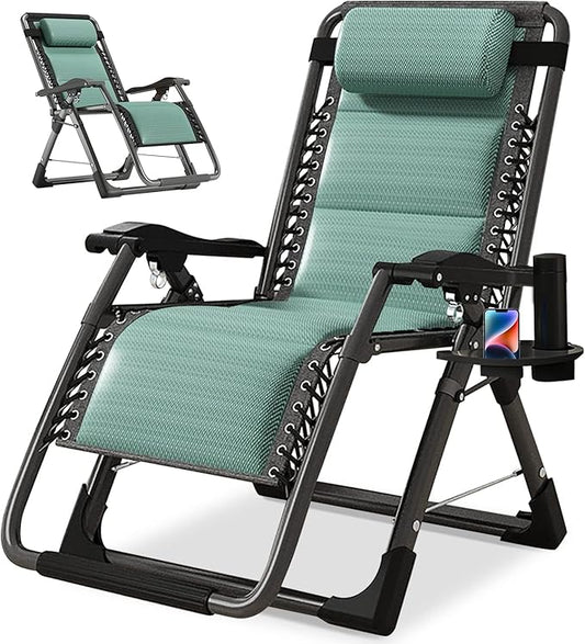 NAIZEA Padded Zero Gravity Chair, Cooling Fabric Folding Outdoor Lounge Chairs, Adjustable Reclining Camping Chairs with Cup Holder, Ergonomic Patio Lawn Chair for Balcony Beach Deck Yard