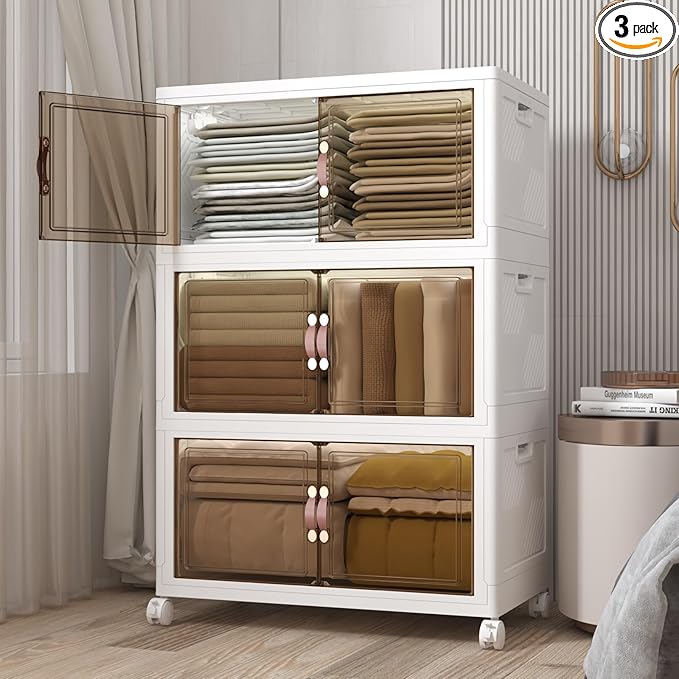 Extra Large Stackable Storage Binswith lids & Wheels, Foldable Collapsible Closet Organizers,504QT-168QT/42GAL*3Pack Plastic Containers with door & drawers for bedroom Dorm