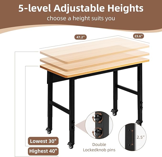 48" Adjustable Workbench with Wheels, Rolling Work Table for Garage, 2000 LBS Capacity Hardwood Work Bench, Heavy Duty Table for Workshop, Office, Garage, Home