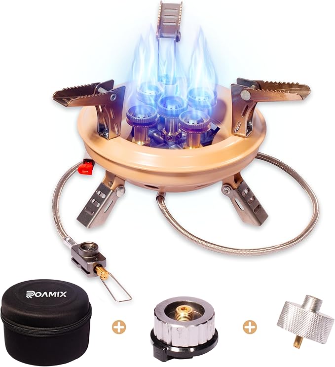 Roamix 54,500 BTU Multi-Fuel Portable Camping Stove – 16,000W Collapsible Windproof Burner with Fuel Canister Adapter & Carrying Case for Outdoor Cooking, Backpacking & Emergency Use