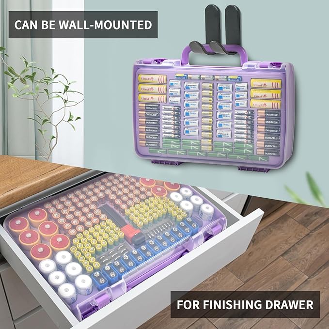 Battery Organizer Storage Holder Box Case with Tester- 269 Batteries Double-Sided Variety Pack, Holds AA AAA 4A C D Cell 9V 3V Lithium LR44 CR2 CR123 CR1632 18650 Button- Purple (Box Only)