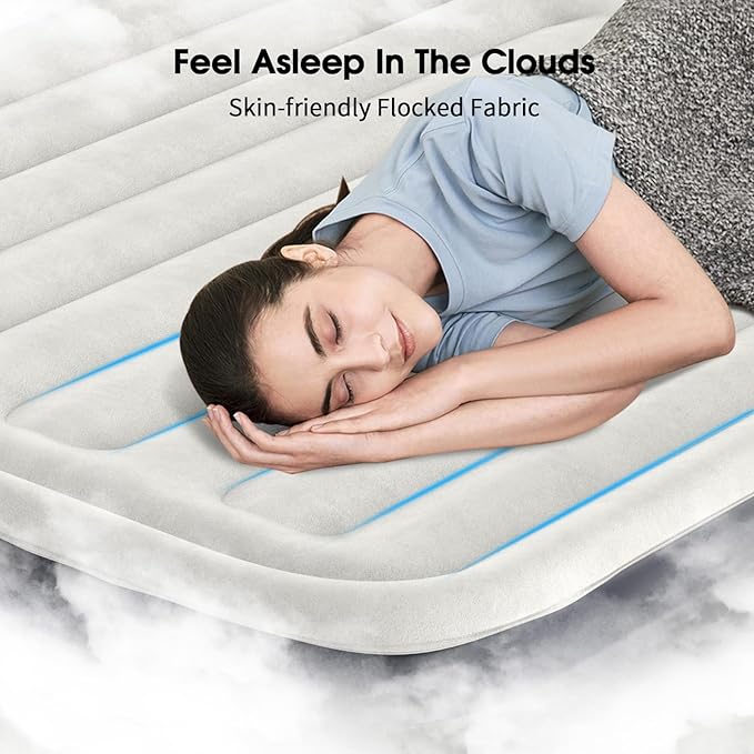 Air Mattress Queen with Built in Pump,18'' Inflatable Mattress of Vertical Beams,Self Inflatable/Deflation Blow Up Mattress in 3 Mins,Flocked Top Airbed with Carry Bag for Home, Camping