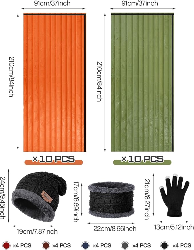Tranqun Emergency Sleeping Bags Bulk with Winter Hat Gloves Scarf, Survival Sleeping Bag Bivy Sack Waterproof Lightweight Thermal Blanket Gear for Camping Hiking Outdoors Homeless