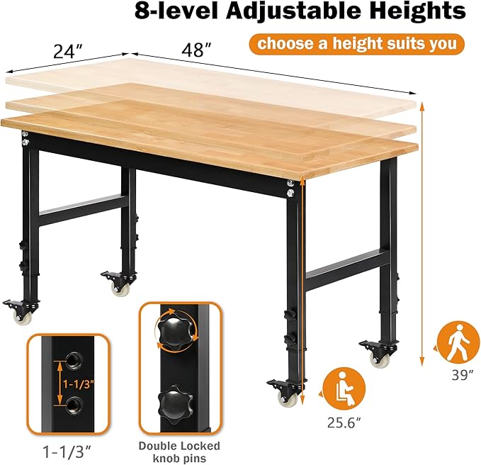48" Heavy-Duty Adjustable Workbench for Garage, Rubber Wood Shop Table W/Metal Wheels, Hardwood Workstation Weight Capacity Over 2000 Lbs with Wheels