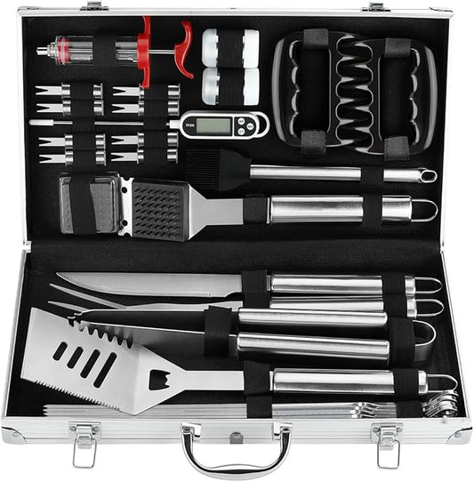POLIGO 26PC Exclusive BBQ Grill Accessories in Aluminum Case for Birthday Christmas Grilling Gifts - Premium Grill Utensils Set with Barbecue Claws, Meat Injector, Thermometer for Smoker, Camping BBQ