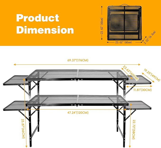 Grill Table Folding Table with 2 Wing Panels 4FT+1.77 FT with with 1×2/5 L Storage Bag Mesh Desktop 3 Height Adjustable Portable Grill for Outdoor Indoor Beach BBQ Picnic Travel RV Black