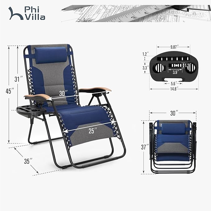 PHI VILLA XXL Oversized Padded Zero Gravity Chair, Foldable Patio Recliner, 30" Wide Seat Anti Gravity Lounger with Cup Holder, Support 400 LBS (Thumb Blue)
