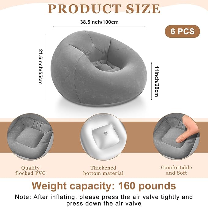Realspring 6 Pcs Bean Bag Chairs for Adults Inflatable Chairs with Electric Air Pump,Blow up Couch Folding Portable Inflatable Couch Lazy Sofa for Reading Living Room Camping (Gray)
