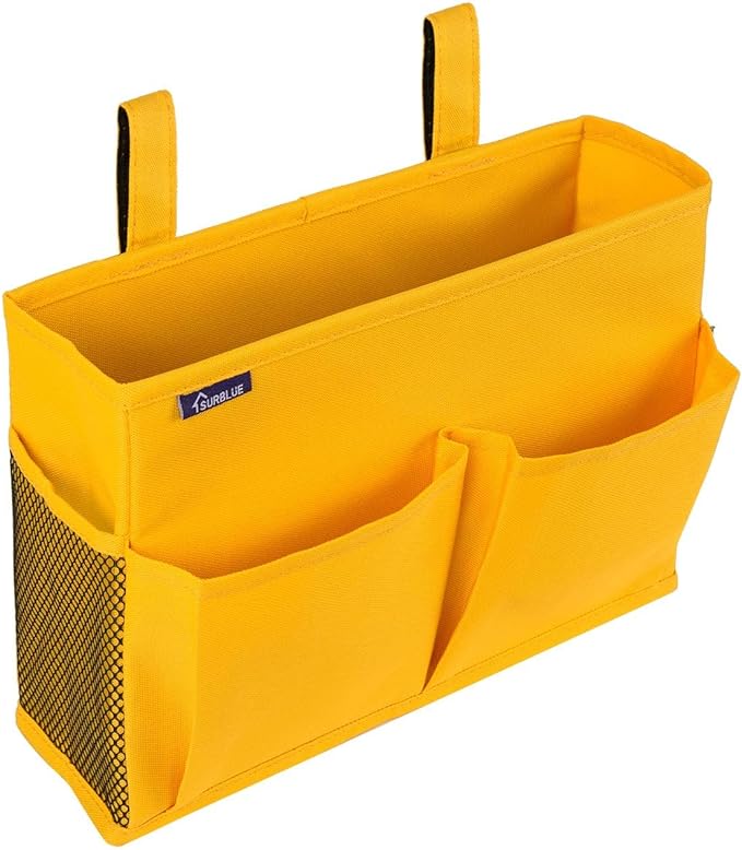 Surblue Bedside Caddy Hanging Bed Organizer Storage Bag Pocket for Bunk and Hospital Beds, College Dorm Rooms Baby Bed Rails, Camp 4 Pockets and 2 Hooks (Small, Yellow)