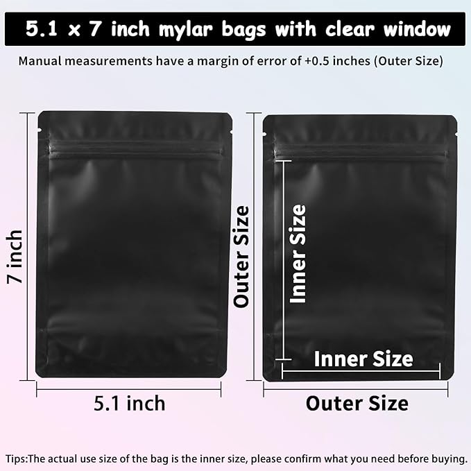 200 Pcs Mylar Bags for Food Storage 5x7 Smell Proof Bag Stand Up, Foil Resealable Bags for Food, Freeze Dried Candy Packaging Sealable Pouch Jewelry Bracelet Pouch for Small Business, Black