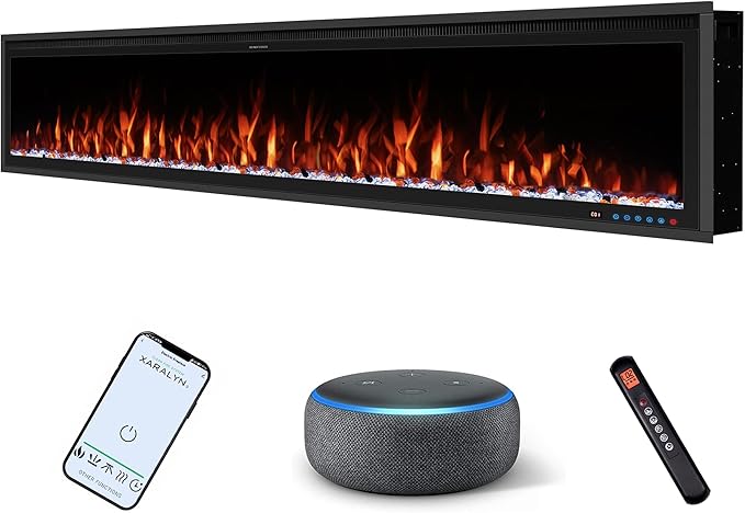 Benrocks 88'' Smart Electric Fireplace Inserts, WiFi-Enabled Recessed & Wall Mounted Fireplace, 13 * 13 * 3 Color Combinations, App Control Fireplace Heater, Timer, Logs & Crystals 750/1500W Black