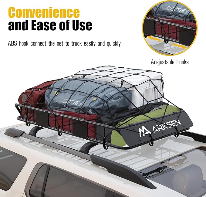 ARKSEN 17" x 33" Heavy Duty Tangle-Free Nylon Cargo Net (3.9" x 3.9" Mesh) Universal Bungee Stretches for Pickup, Truck, Bed, SUV, Roof Rack & Travel Luggage Rack