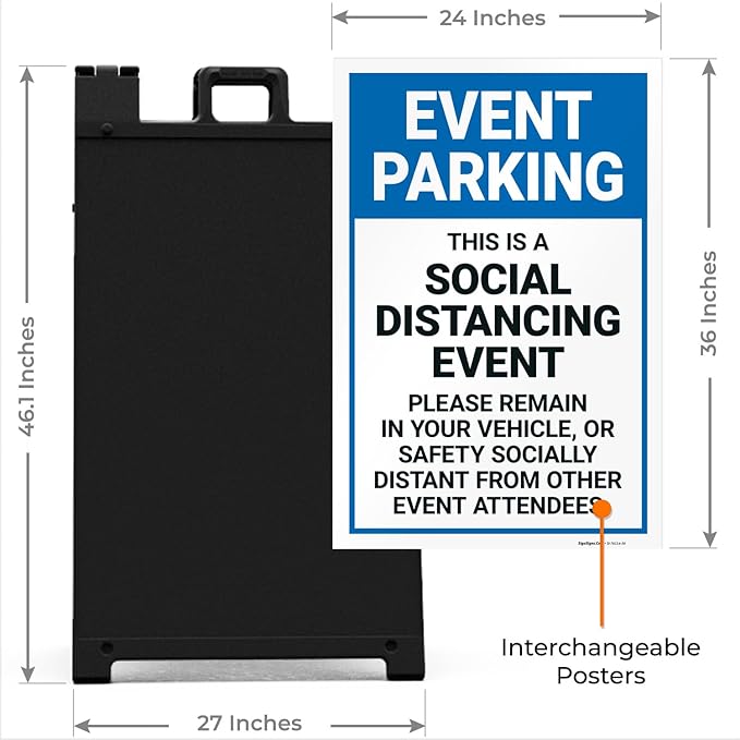 Event Parking Social Distancing Event Please Remain in Vehicle Sidewalk Sign Kit, 24x36 Inches, with A Frame Stand, Made in USA