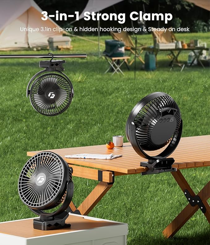 24000mAh Clip on Fan for Golf Cart - 8-inch Portable Rechargeable Fans - Max Up to 150Hrs Work Time - Battery Operated Fan with LED, Remote, Timers, Hook for Office, Desk, Camping, Tent, Treadmill