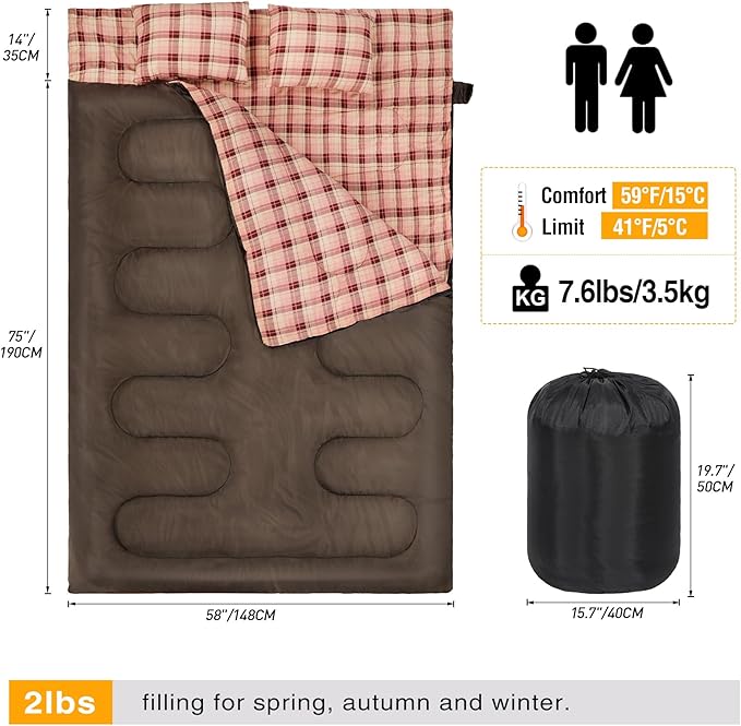 REDCAMP Cotton Double Sleeping Bag for Adults, 2 Person Cold Weather Queen Size Flannel Sleeping Bags for Camping, Black/Navy Blue