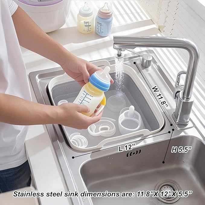 Collapsible Dish Basin & Sink Tub with Drain Plug – 2.4 Gal Baby Bottle Wash Basin, Bottle Washing Bin for RV, Camping, Kitchen | Collapsible Water & Bottle Basin (Grey)