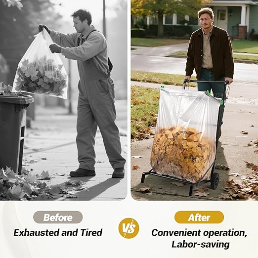 CAROD Upgraded Trash Bag Holder Cart with Storage Basket and Ergonomic Handle, Adjustable Outdoor Leaf Bag Holder from 30-45 Gallon Capacity, Ideal for Yard Clean-Up, Camping, Parties,Leaf Collection