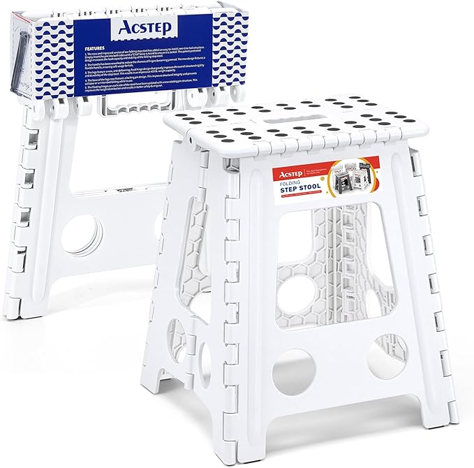 ACSTEP Folding Step Stool 16 Inch Heavy Duty Step Stool Foldable for Adults and Kids, Collapsible Stepping Stool with Handle, Non Slip Folding Stools for Kitchen Hold Up to 400lbs (White 1PC)