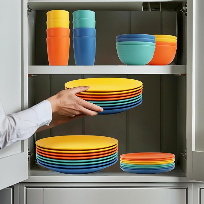 40Pack plates and bowls sets for kids - Unbreakable wheat straw dinnerware sets service for 8 - Alternative plastic 40pcs dish sets for kitchen, camping and indoors dinning - (Colorful)