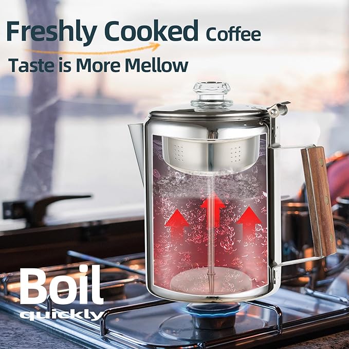 MEREZA Camping Percolator Coffee Pot 12 Cup Stove Top Coffee Percolator Non Electric Coffee Maker Camping Stainless Steel Coffee Pot Outdoors Home No Aluminum & Plastic Fast Brew