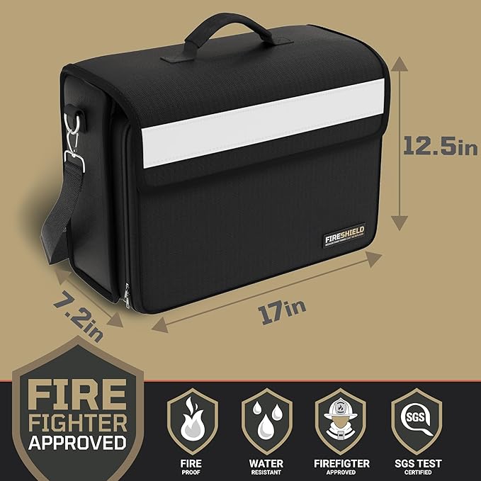 FIRESHIELD PRO Fireproof Document Bag – Portable Briefcase with Shoulder Strap, Tablet, Laptop & Card Organizer – Water Resistant, Multi-Pocket Storage for Travel, Home or Office – 17" x 12.5" x 7.2"