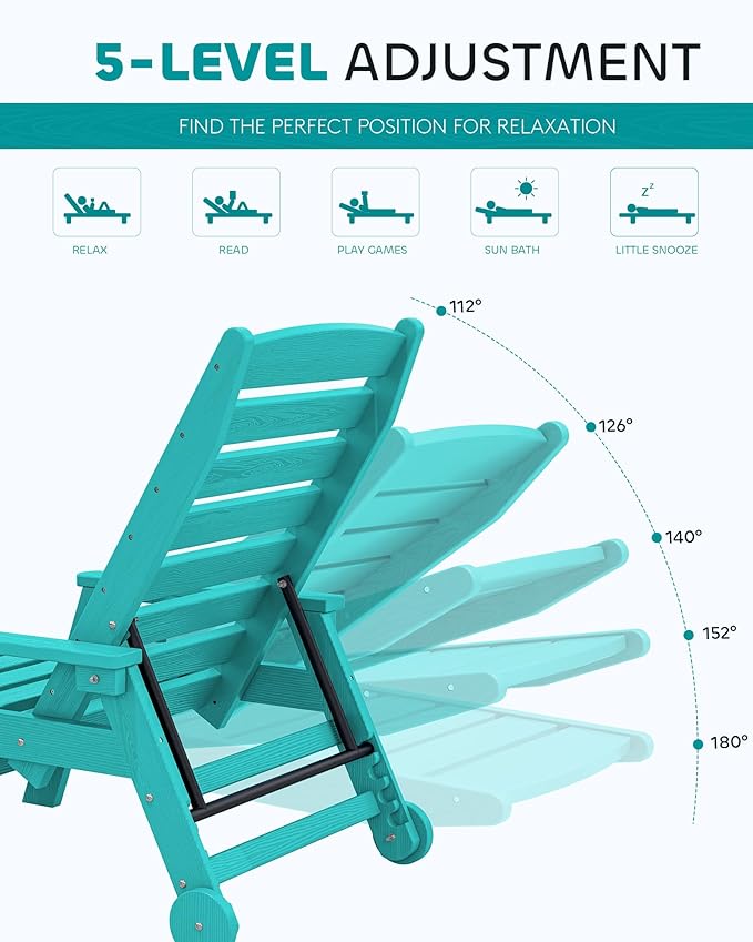 SERWALL Patio Chaise Lounge Chair Set of 2, 78'' Long 5-Positions Adjustable HDPE Outdoor Lounge Chair for Pool, Poly Lounge Chair with Rolling Wheels & Cup Holder for Poolside, Deck, Aqua Blue