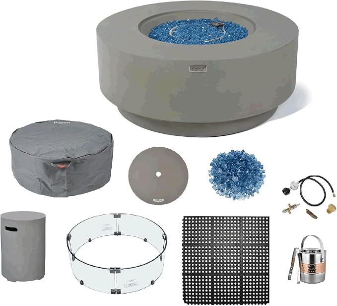 Elementi+ | Bundle Colosseo Gas Fire Pit Cast Concrete 40" Dia. Round Fire Table, Outdoor Fire Pit Electronic Ignition | Canvas Cover, Fire Glass and Burner Lid Included | Light Gray | Propane Gas