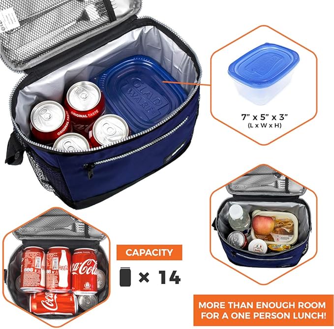 opux Insulated Lunch Box Men Women, Lunch Bag for Work School, Leakproof Soft Cooler Tote Adult, Large Lunch Pail Kids Boys Girls, Picnic Beach Food Bag with Shoulder Strap, Navy