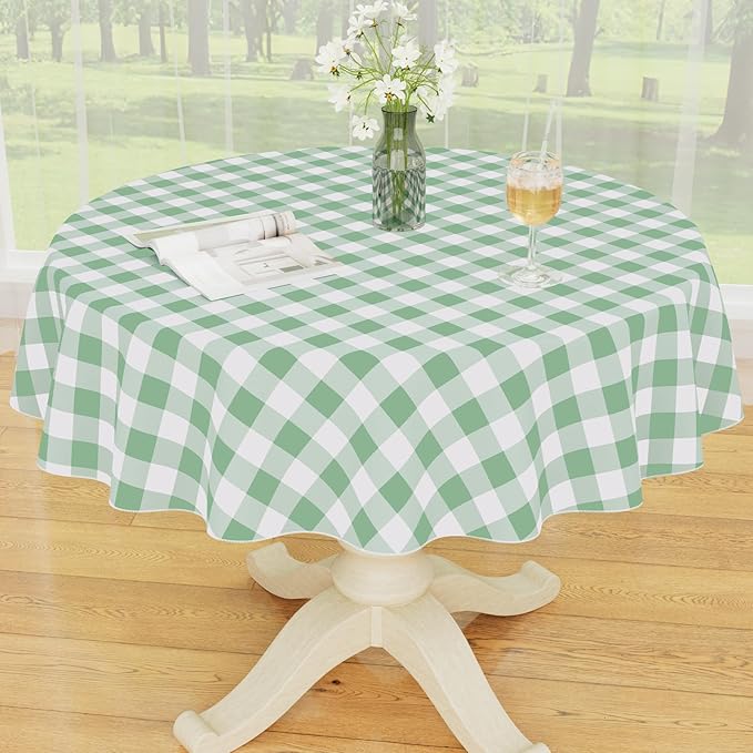 Smiry Round Plastic Table Cloth, Waterproof Vinyl Tablecloth with Flannel Backing, Wipeable Buffalo Plaid Table Cover for Dining, Indoor and Outdoor (Sage Green & White, 60" Round)