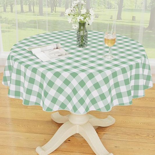 Smiry Round Plastic Table Cloth, Waterproof Vinyl Tablecloth with Flannel Backing, Wipeable Buffalo Plaid Table Cover for Dining, Indoor and Outdoor (Sage Green & White, 60" Round)