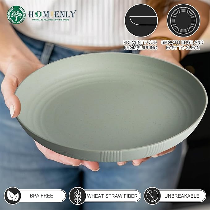 Homienly Wheat Straw Plates Set of 8-10 inch Deep Dinner Plates, Reusable Plastic Plates, Microwave and Dishwasher Safe Plate Set, Unbreakable Plates for KItchen, Camping, Party - Light Grey