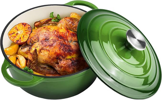 6 Quart Dutch Oven Enameled Cast Iron with Lid - Big Dual Handles - Oven Safe up to 500°F - Classic Round Pot for Versatile Cooking (Green, 6 QT)