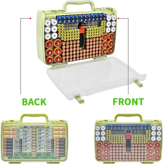 Battery Organizer Storage Holder Box Case with Tester- 269 Batteries Double-Sided Variety Pack, Holds AA AAA 4A C D Cell 9V 3V Lithium LR44 CR2 CR123 CR1632 18650 Button- Green (Box Only)