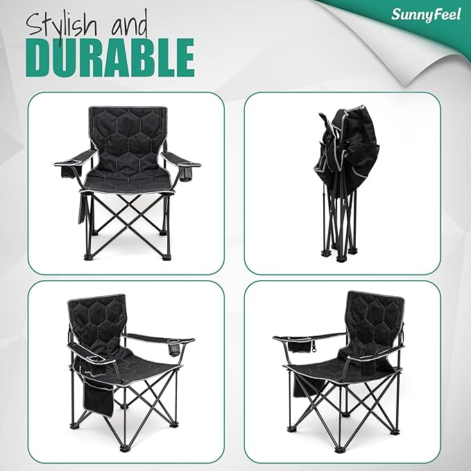 SUNNYFEEL Oversized Folding Camping Chair 2 Pack 500 LBS Heavy Duty Lawn Chairs with Black Portable Folding with Armrest, Cup Holder, Pocket ＆Bag for Outdoor Camping/Beach/Travel/Picnic/Fishing