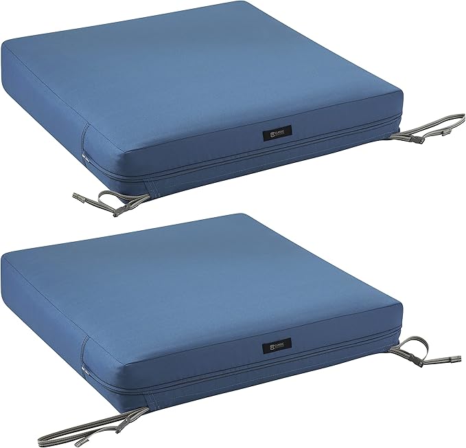 Classic Accessories Ravenna Water-Resistant 23 x 23 x 5 Inch Square Patio Seat Cushion Slip Cover & Foam, Empire Blue, Lounge Chair Cushion