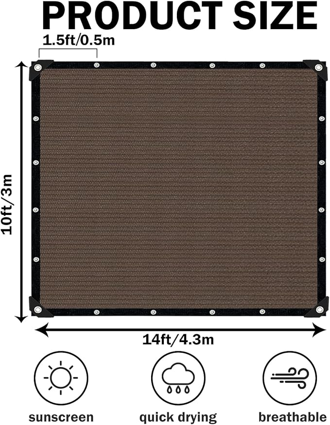 Mocha Sun Shade Cloth,Pergola Shade Cover with Reinforced Grommets,90% Shade Fabric Fence Privacy Screen Balcony,Pergola Shade Cover Canopy Garden Carport Porch Deck Patio Shade,10x14FT