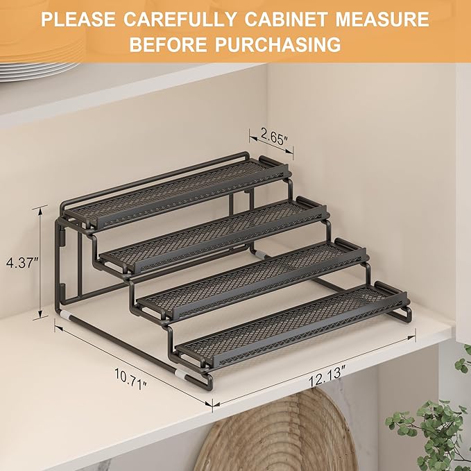 4 Tier Spice Rack Organizer for Inside Cabinet Display Riser Shelf Seasoning Organizer for Countertop Cupboard Pantry Step Storage Holder with Protection Railing (2PC Black)