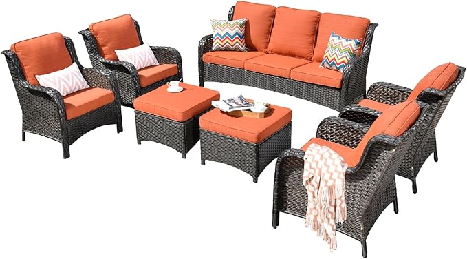 ovios 7 Pieces Patio Furniture Set, Outdoor Wicker Sofas with 4 Chairs, Ottomans and Comfy Cushions, All Weather High Back Couch Set for Deck Porch, Brown Rattan, Orange Red