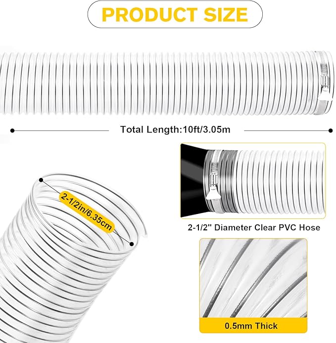 2-1/2"x10'Dust Collection Hose(Black Wire),2 1/2 Inch Dust Collection Tube with 304 Stainless Steel Hose Clamps,PVC 2.5 Collector Flexible Tube- Puncture Resistant