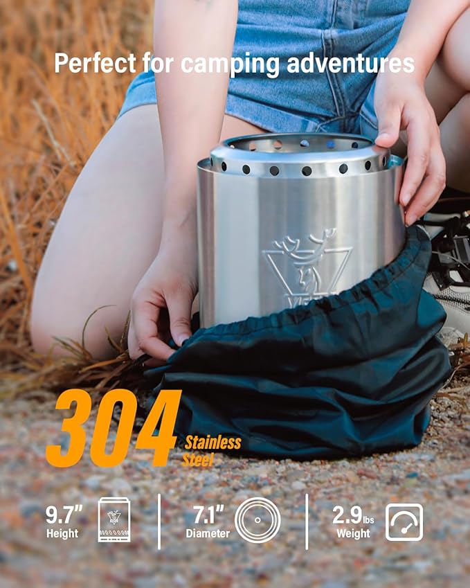 YEFU Tabletop Fire Pit 9.7 x 7.1 in, Flame Intensity Control Camping Stove for Outdoor & Patio, Fueled by Pellets or Wood, Safe Burning Table Top Firepit, with Travel Bag & 2 Mini Sticks, Silver