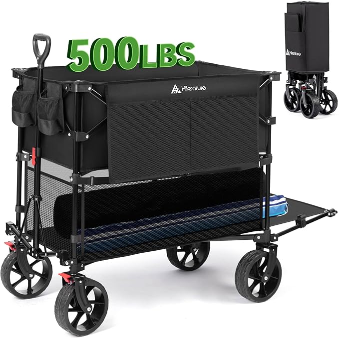 Hikenture Double Decker Wagon, 400L Extra Large Beach Wagon with Big Wheels for Sand, 500LBS Heavy Duty Collapsible Cart with Tailgate, Utility Carts Foldable for Beach, Sports