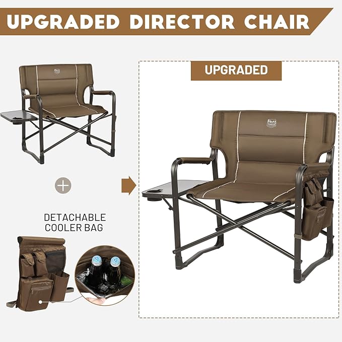 TIMBER RIDGE XXL Upgraded Oversized Directors Chairs with Foldable Side Table, Detachable Side Pocket, Heavy Duty Folding Camping Chair up to 600 Lbs Weight Capacity (Brown) Ideal Gift, 2 Pack