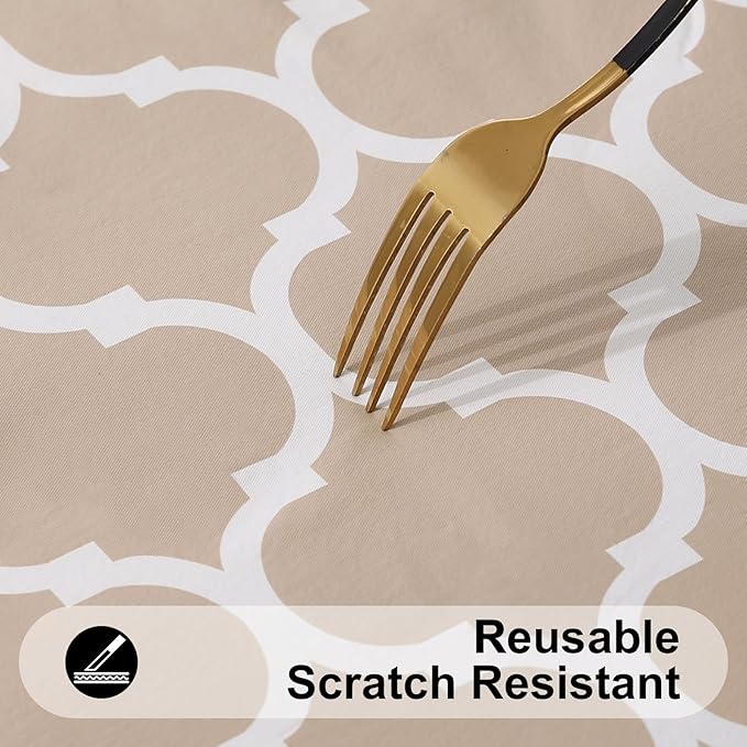 Smiry Rectangle Picnic Table Cover, Waterproof Elastic Fitted Camping Tablecloths for 8 Foot Tables, Wipeable Flannel Backed Vinyl Tablecloth Protector for Indoor, Outdoor (Khaki, 30x96 Inches)