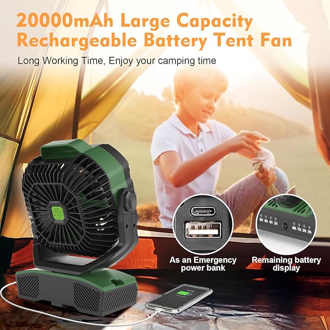 RUNTOP 20000mAh Oscillation Camping Fan, Rechargeable Fan with RGB, Remote, Battery Operated Outdoor Tent Fans w/Hanging Hook, Personal USB Desk Fans for Camping, Jobsite (Green)