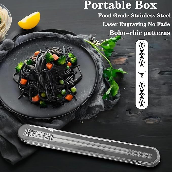 Metal Chopsticks Reusable 1 Pair Stainless Steel Travel Chopsticks Dishwasher Safe Square Lightweight Non-Slip Chop Sticks with case(Silvery)