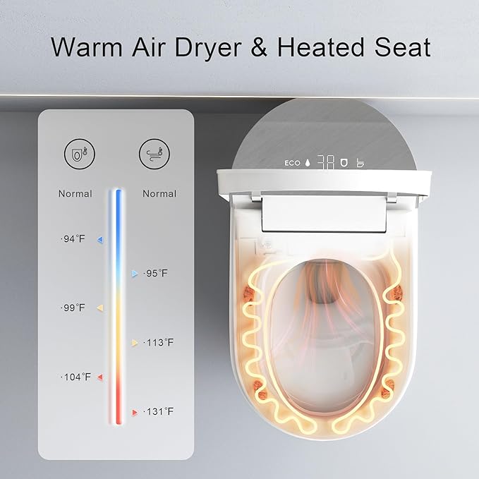 Smart Toilet, One Piece Bidet Toilet for Bathrooms, Toilets with Warm Water Sprayer & Dryer, Foot Sensor Operation, Heated Bidet Seat, Tankless Toilets with Fahrenheit LED Display