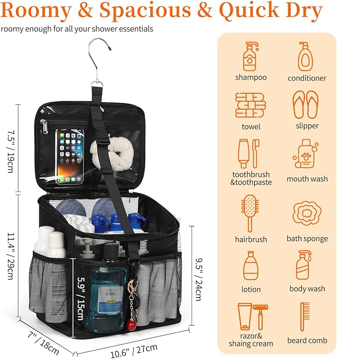 CUBETASTIC Shower Caddy Portable Mesh Shower Tote for Bathroom, Gym, Travel, Camping - Quick Dry Hanging Organizer Toiletry Bag with Handle for College Dorm Room, Men & Women (A# Black, 9.8")