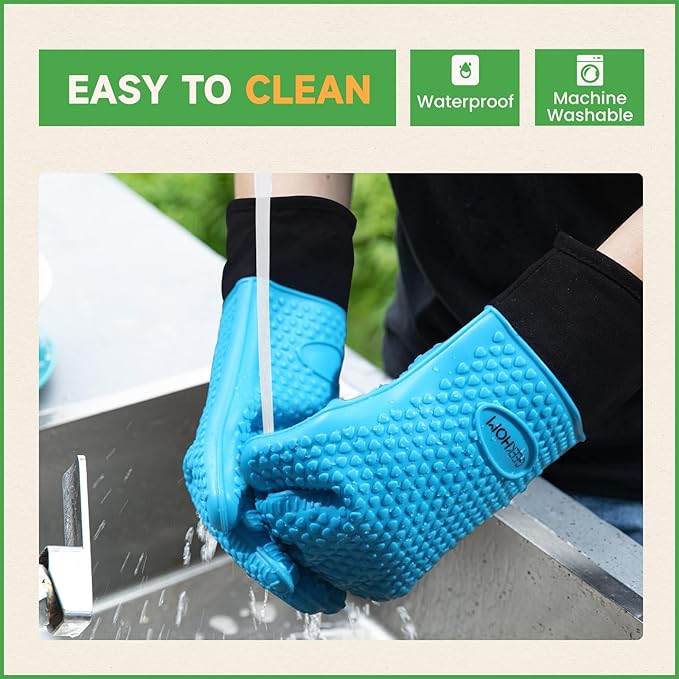 GEEKHOM BBQ Gloves Heat Resistant Oven Mitts - Silicone Grilling Gloves with 13.7" Arm Protection - Waterproof Pot Holder Non-Slip for Men & Women, Kitchen Outdoor Cooking, Baking, Camping, Blue